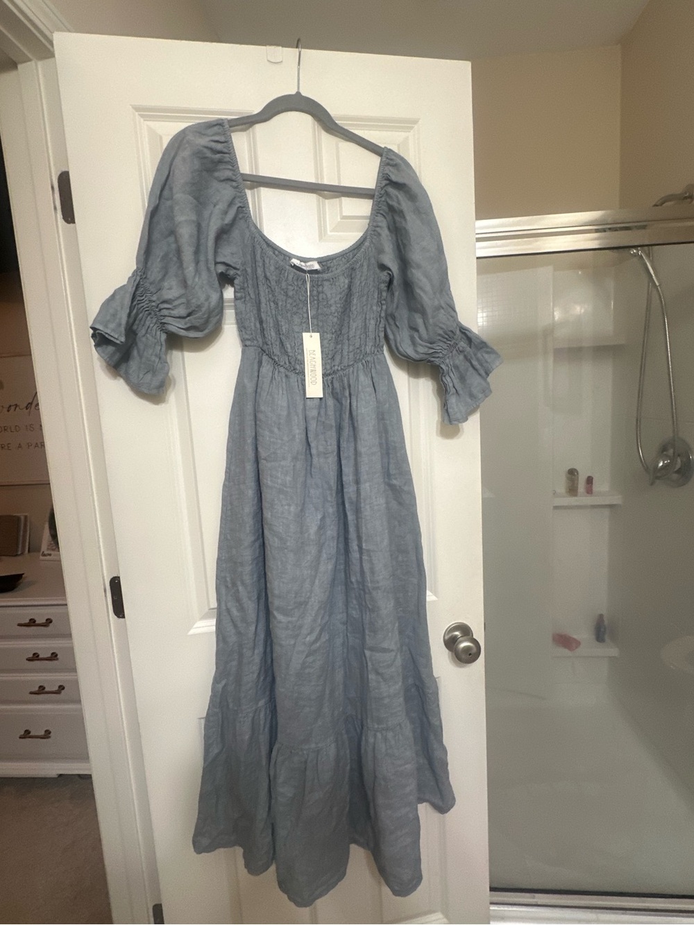 Beachwood Deia dress Smocked Puff-Sleeve Maxi Dress in Dusty Blue
